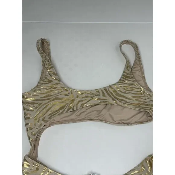 Forever 21 Gold Zebra One Piece Swimsuit Open Middle High Cut Bottom Size XL - Picture 11 of 14